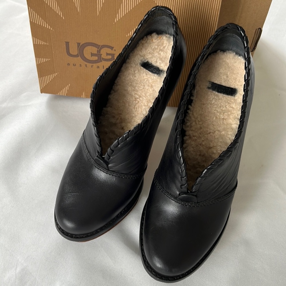 Ugg brand black leather heels, shearling lined